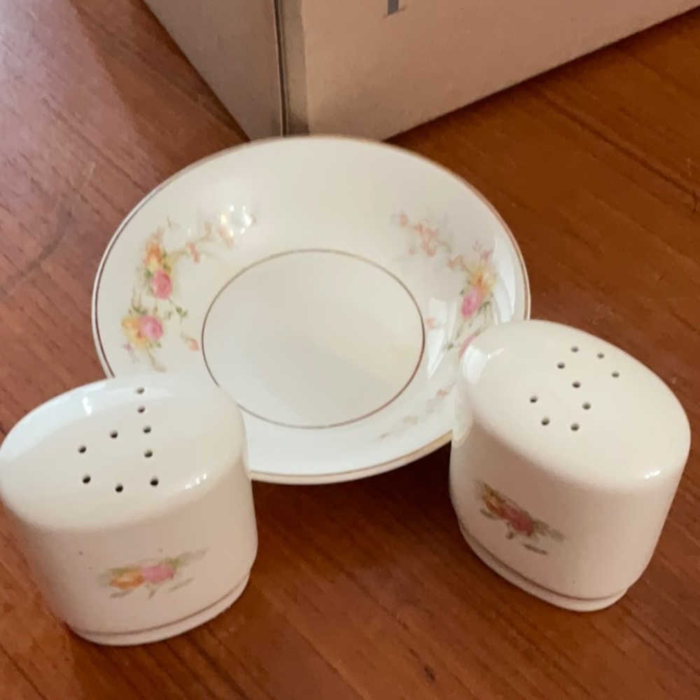 China salt and pepper shaker and bowl
